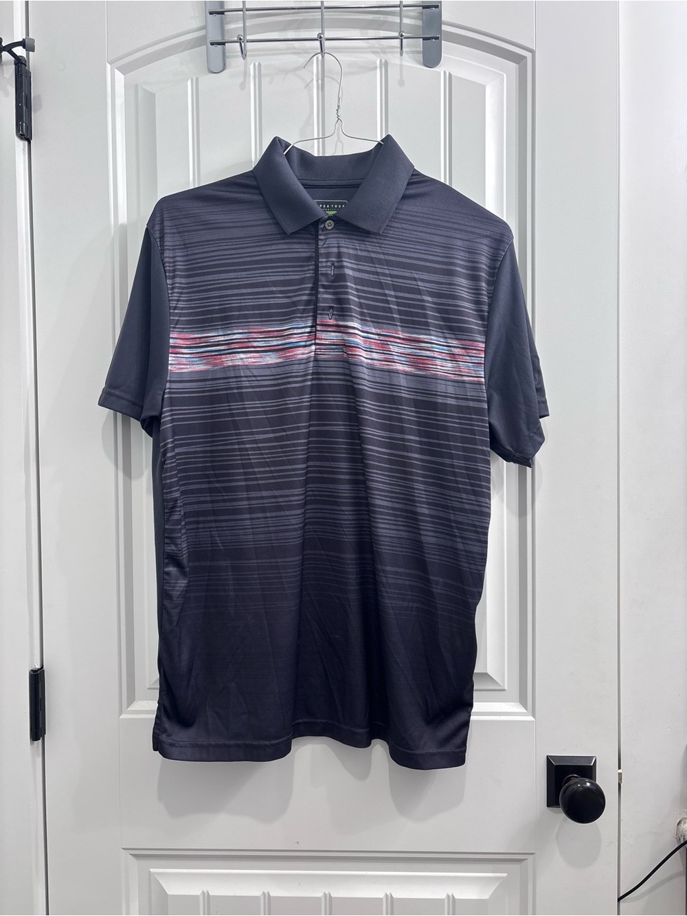 PGA Tour Black Polo with Horizontal Red and White Stripe